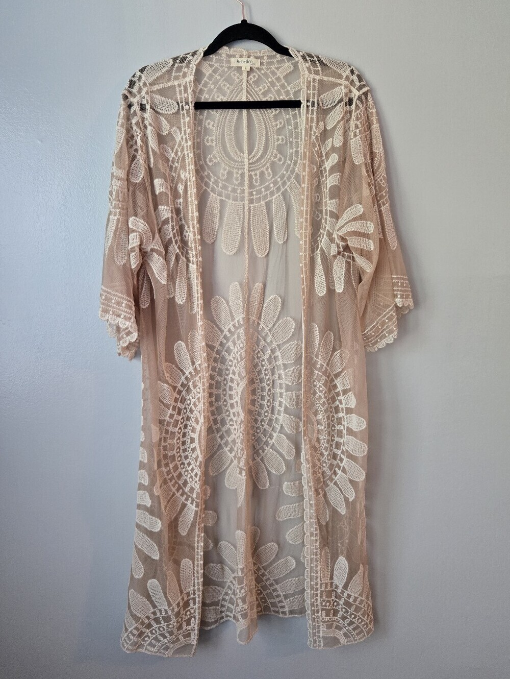 Rebellion Again Beige Lace Medallion Kimono Cardigan Duster Large Boho Sheer